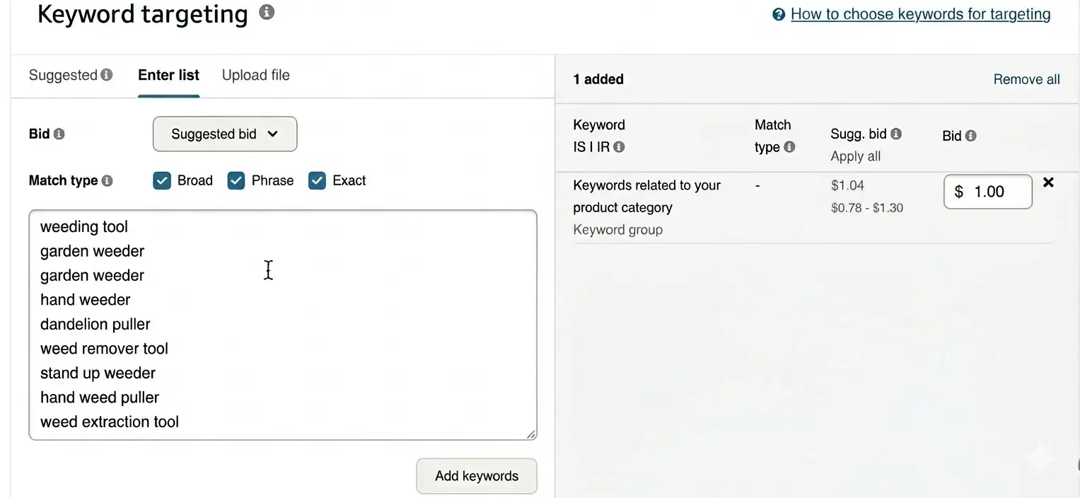 Amazon manual PPC campaign setup screen showing the keyword list field, match type options, and bid settings for winning keywords.