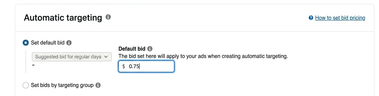Amazon PPC Automatic targeting section showing the Set default bid option with a suggested bid field and the Set bids by targeting group option for a Sponsored Products campaign
