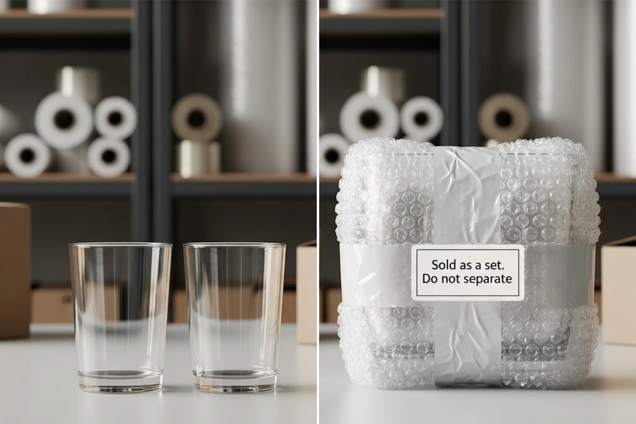 Before-and-after example showing a fragile glass set first unpackaged, then wrapped together in bubble wrap with a sold-as-a-set label for Amazon FBA preparation.