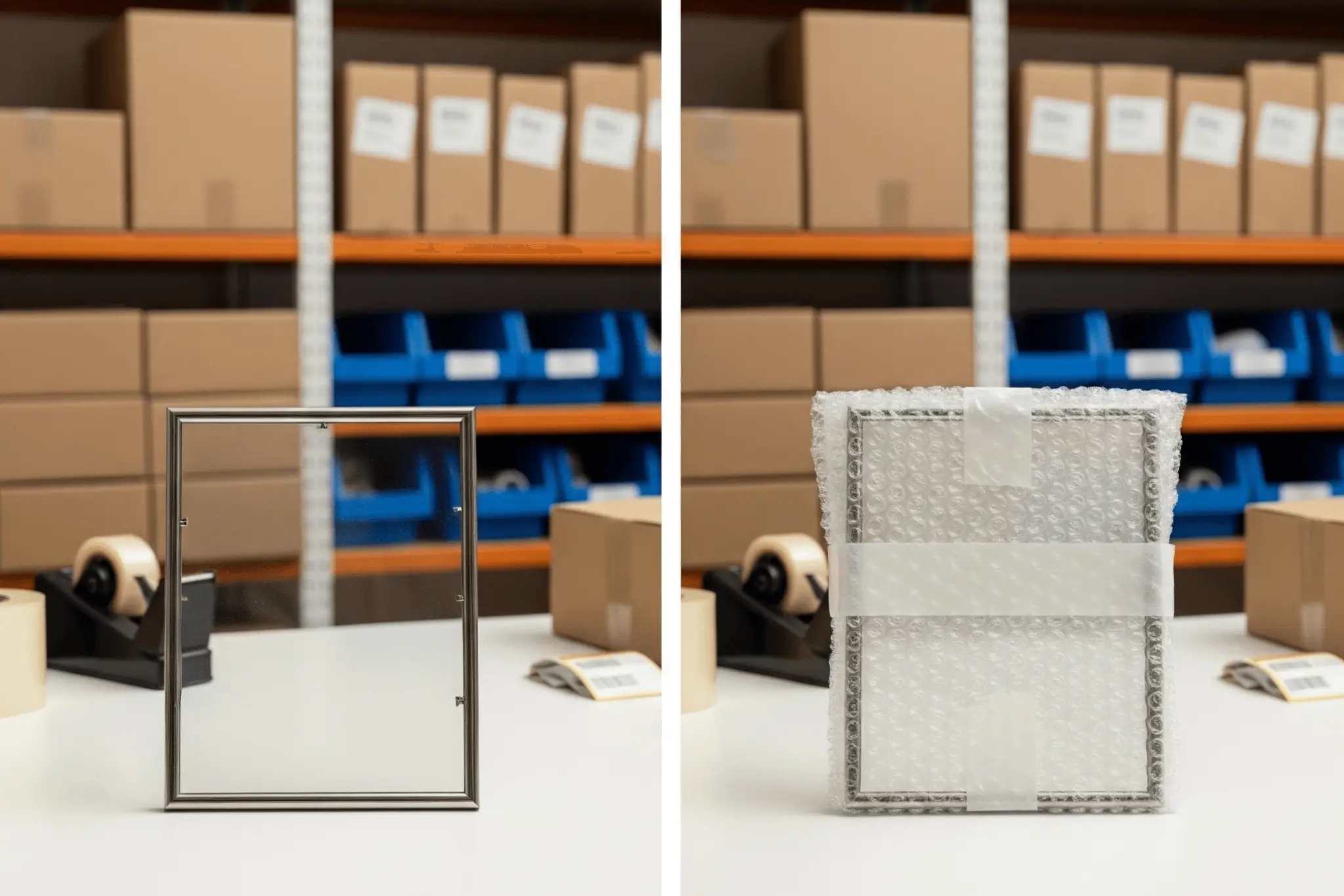 Before-and-after example showing a mirror with an exposed fragile surface, then fully wrapped in bubble wrap for Amazon FBA preparation.