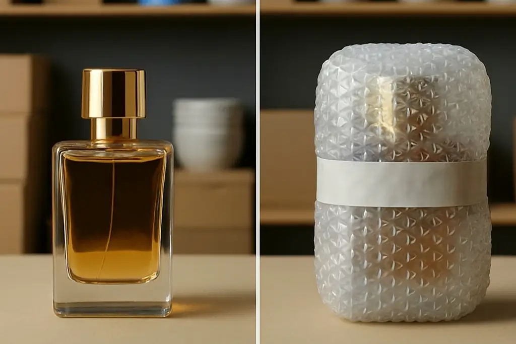 Before-and-after example showing a glass perfume bottle first uncovered, then protected with bubble wrap for Amazon FBA shipment.