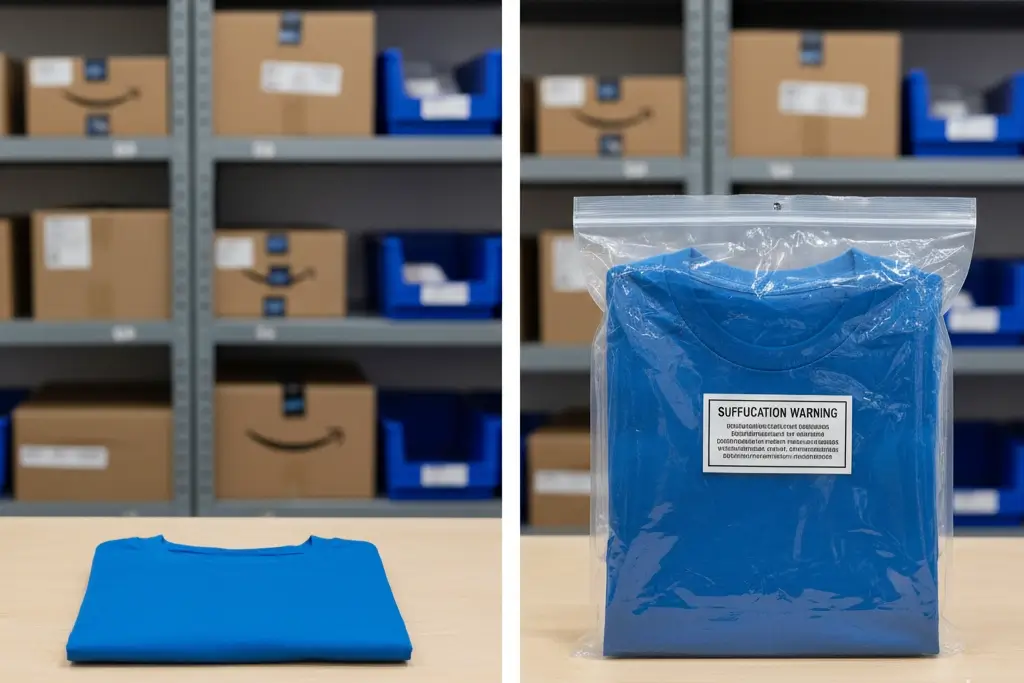 Before-and-after example showing a folded shirt first uncovered, then sealed inside a poly bag with a suffocation warning label for Amazon FBA preparation.