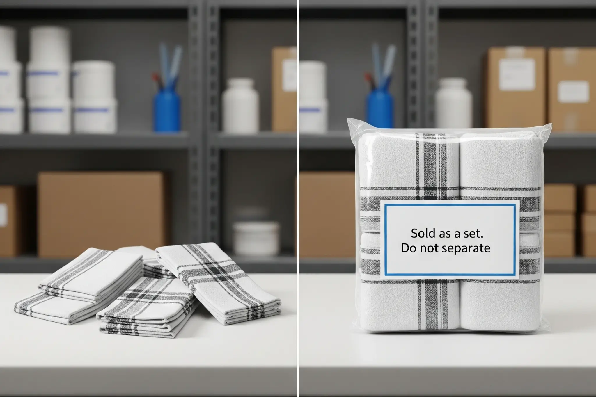 Before-and-after example showing a folded textile set grouped together and then packed inside a poly bag as one sellable unit for Amazon FBA.