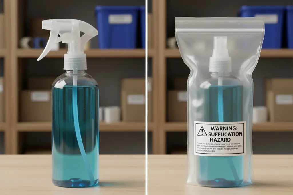 Before-and-after example showing a liquid spray bottle uncovered, then placed inside a poly bag with a suffocation warning label for Amazon FBA preparation.