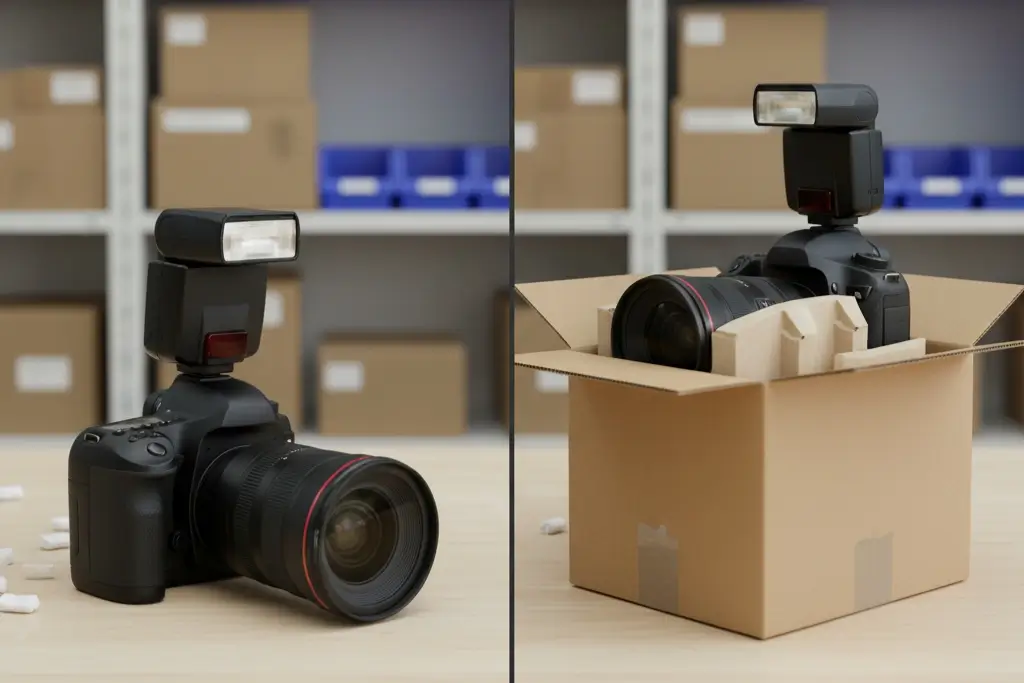 Before-and-after example showing a camera uncovered, then packed securely inside a small carton box with protective inserts for Amazon FBA preparation.