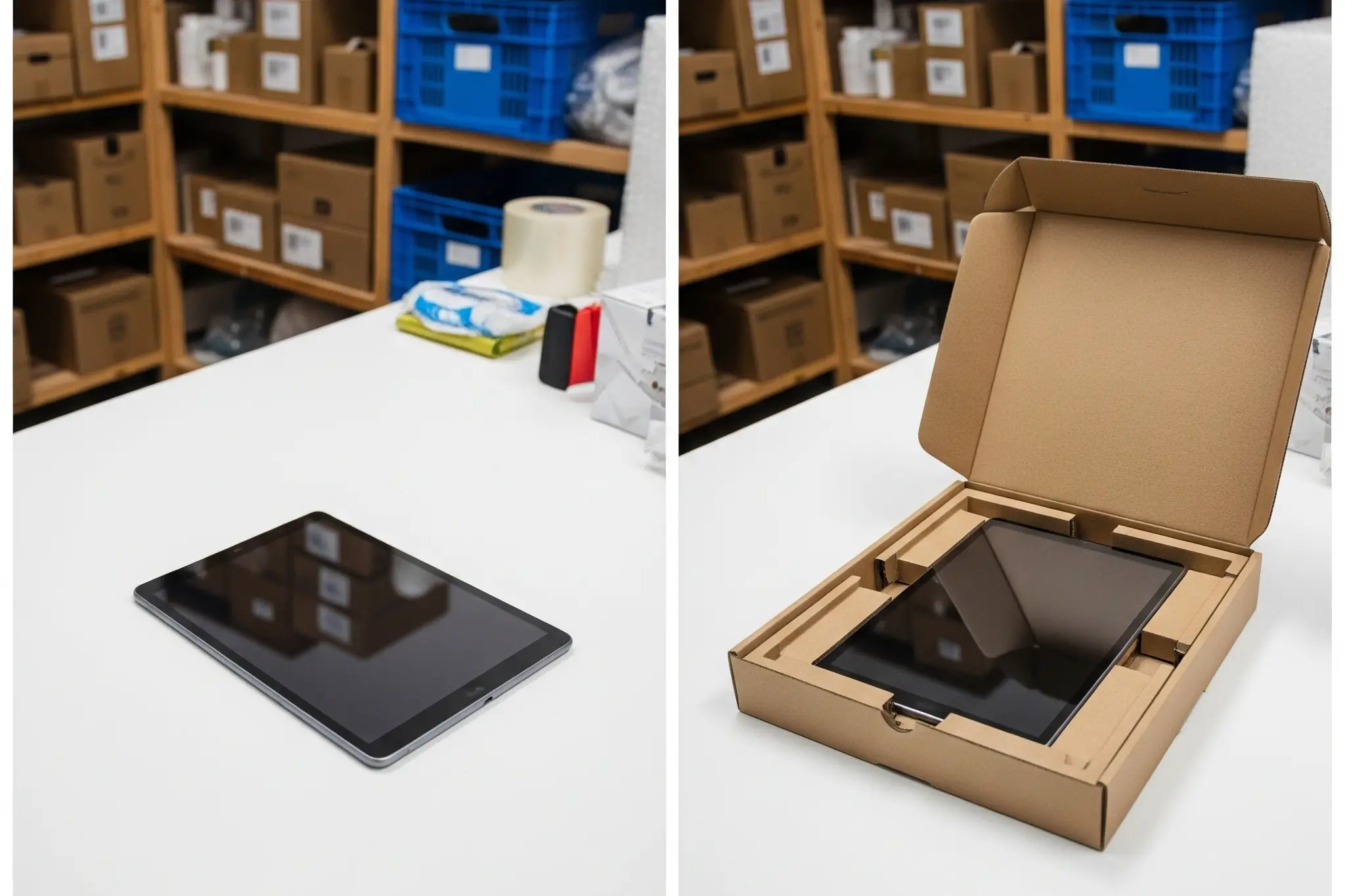 Before-and-after example showing a tablet uncovered, then placed inside a fitted small carton box for Amazon FBA shipment.