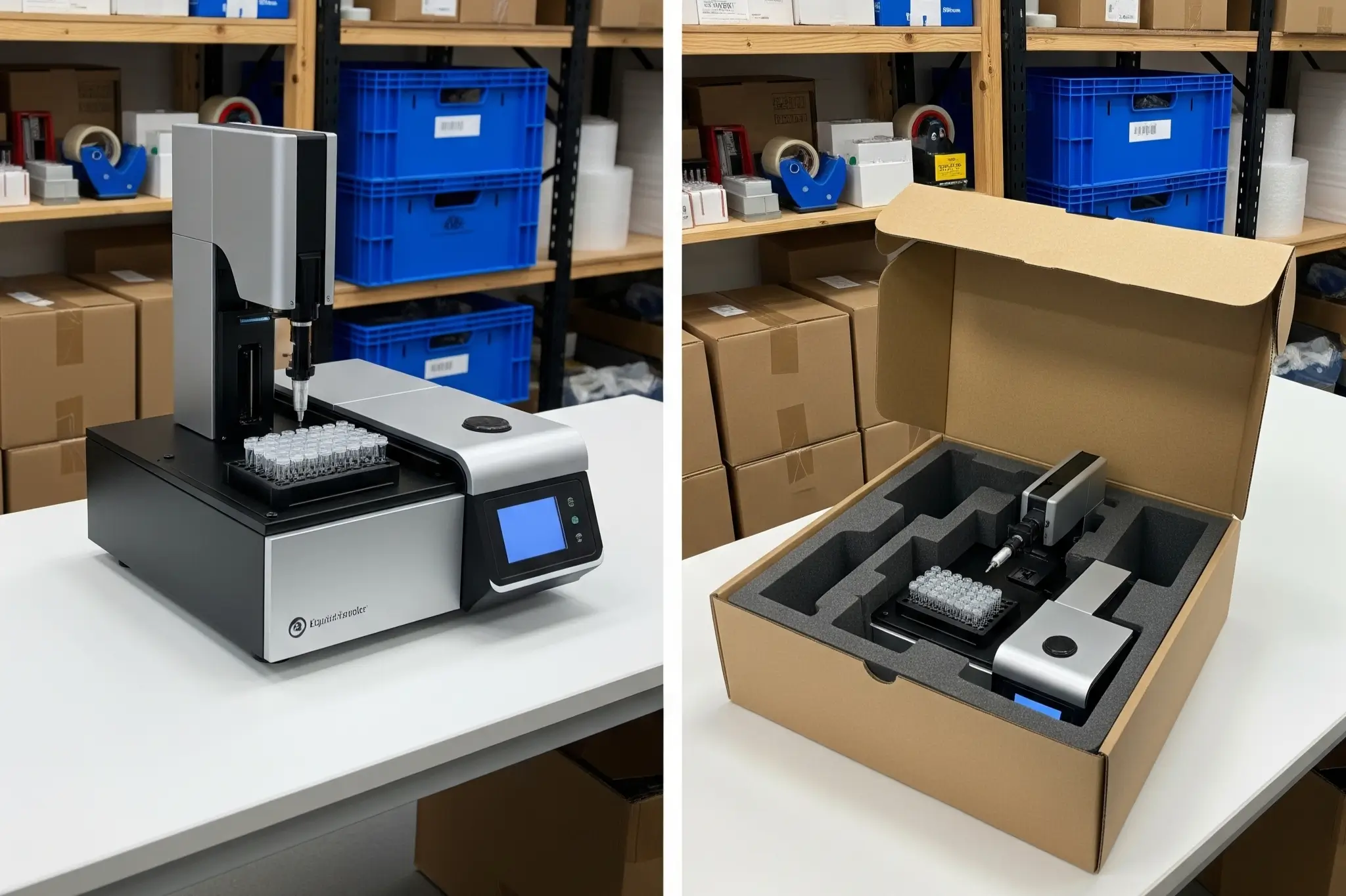 Before-and-after example showing a sensitive device uncovered, then packed inside a small carton box with foam inserts for Amazon FBA preparation.