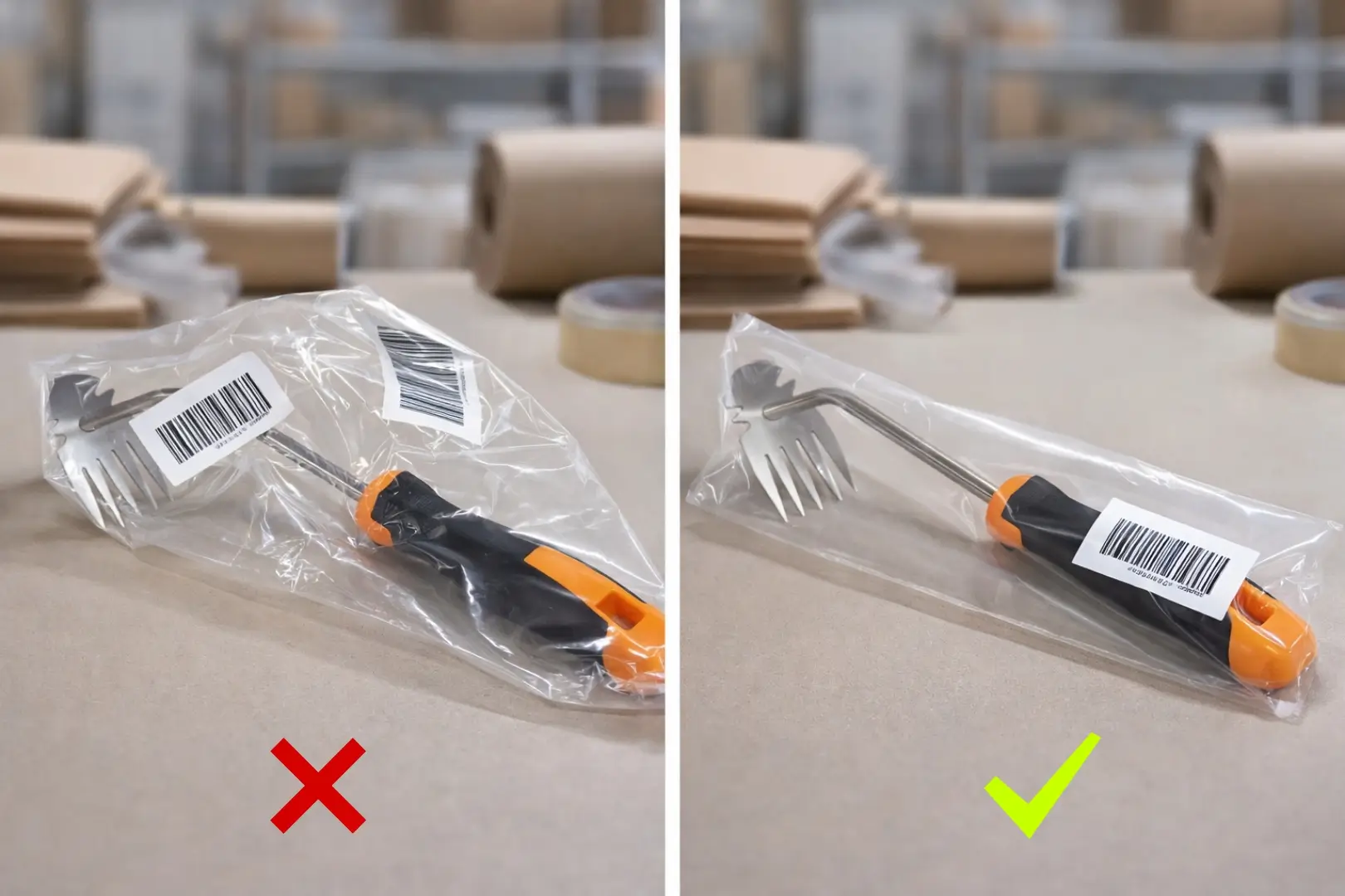 Split-screen example showing a weed removal tool in a poly bag with multiple visible barcodes on one side, and one clear correctly placed barcode on the other side for Amazon FBA preparation.