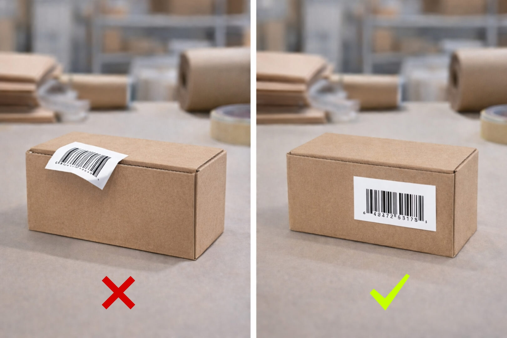 Split-screen example showing a small carton box with a barcode placed incorrectly on a corner on one side, and the same box with one barcode placed correctly on a flat outer surface on the other side for Amazon FBA preparation.
