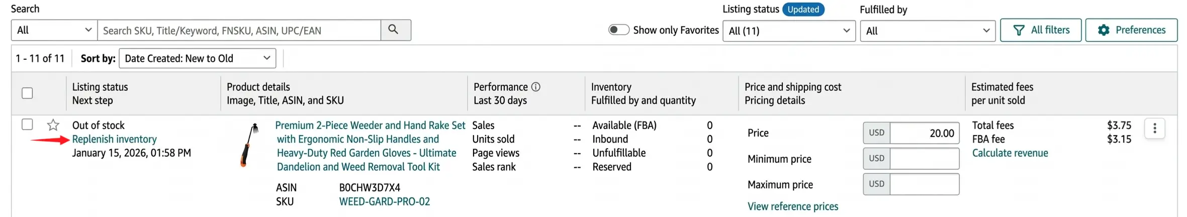 Amazon Seller Central Manage All Inventory page showing the Replenish inventory link next to the listed product.