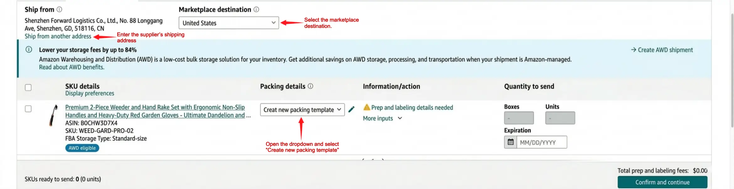 Amazon Seller Central shipment setup page showing the ship-from address, marketplace destination, and Packing details dropdown with Create new packing template selected.
