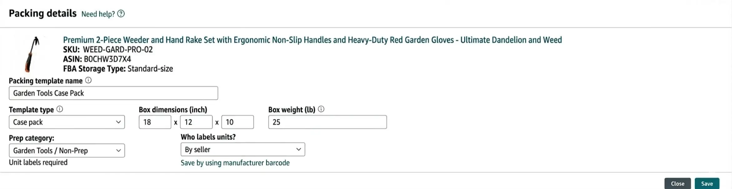 Amazon Seller Central packing details window showing the packing template fields, including template name, case-pack type, box dimensions, box weight, prep category, and who labels units.