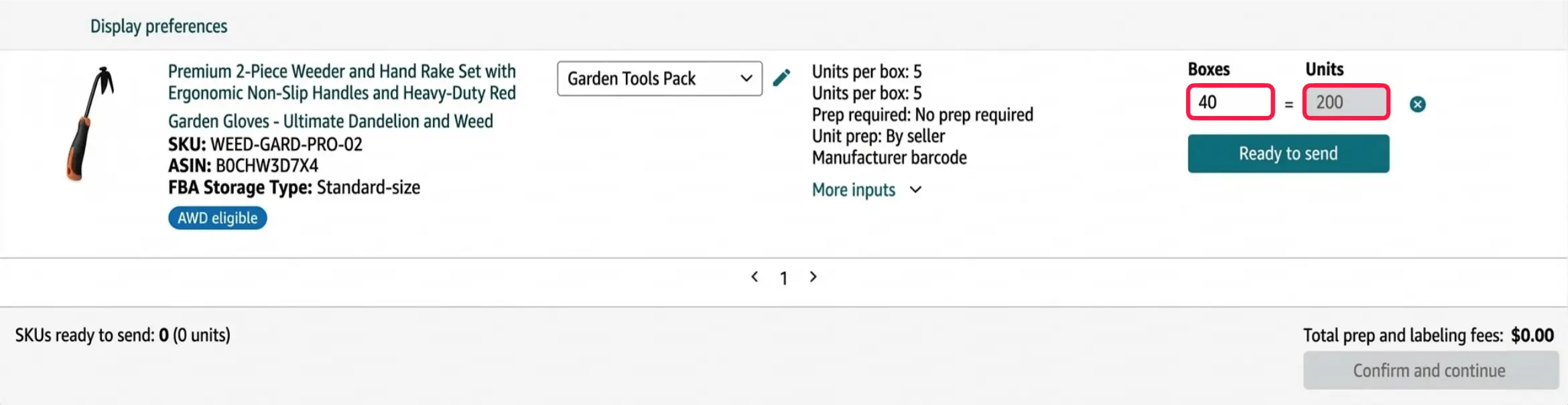 Amazon Seller Central shipment setup page showing the quantity-to-send section with the number of shipping boxes entered and the total number of units calculated automatically.