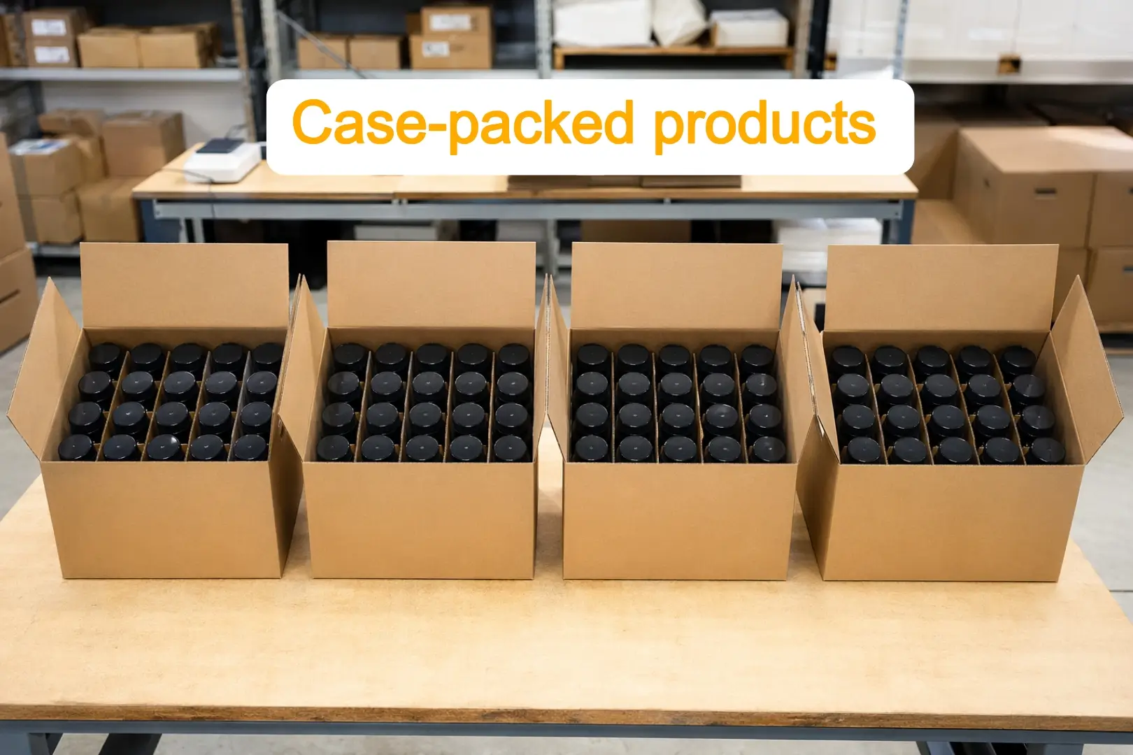Open shipping boxes showing the same product packed in the same quantity and arrangement in every box, illustrating a case-packed shipment for Amazon FBA.