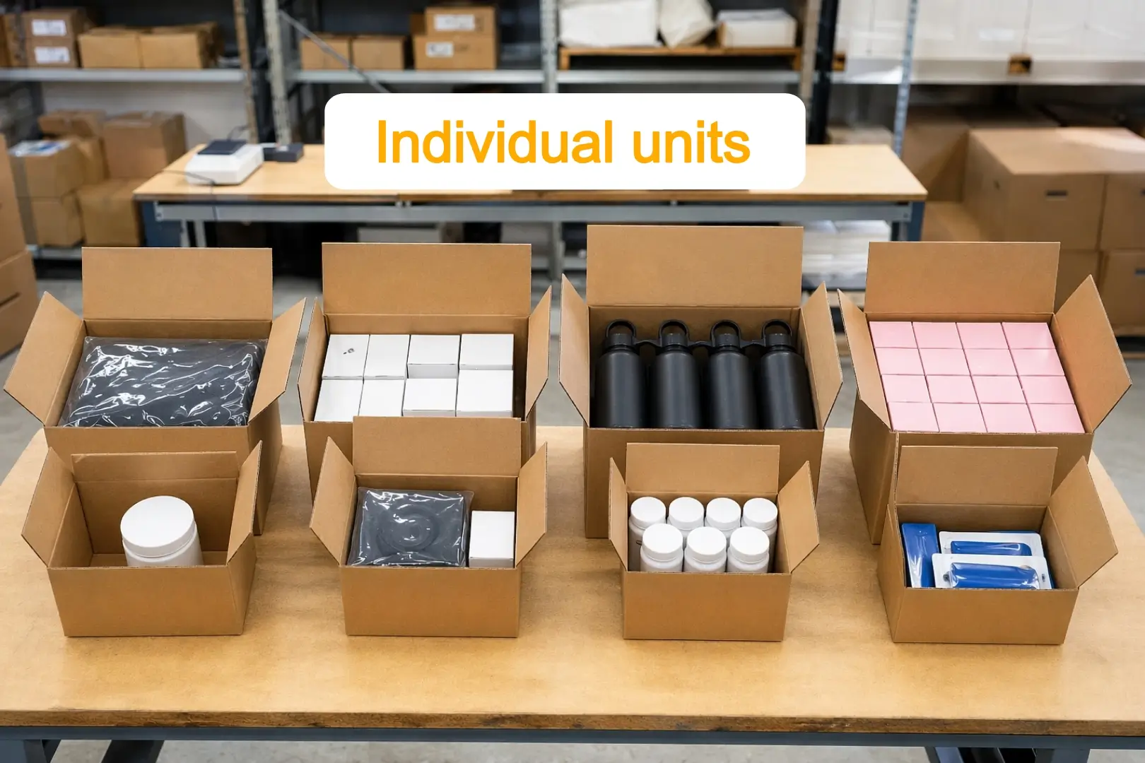 Open shipping boxes showing different products and different box contents from one carton to another, illustrating individual units for Amazon FBA.