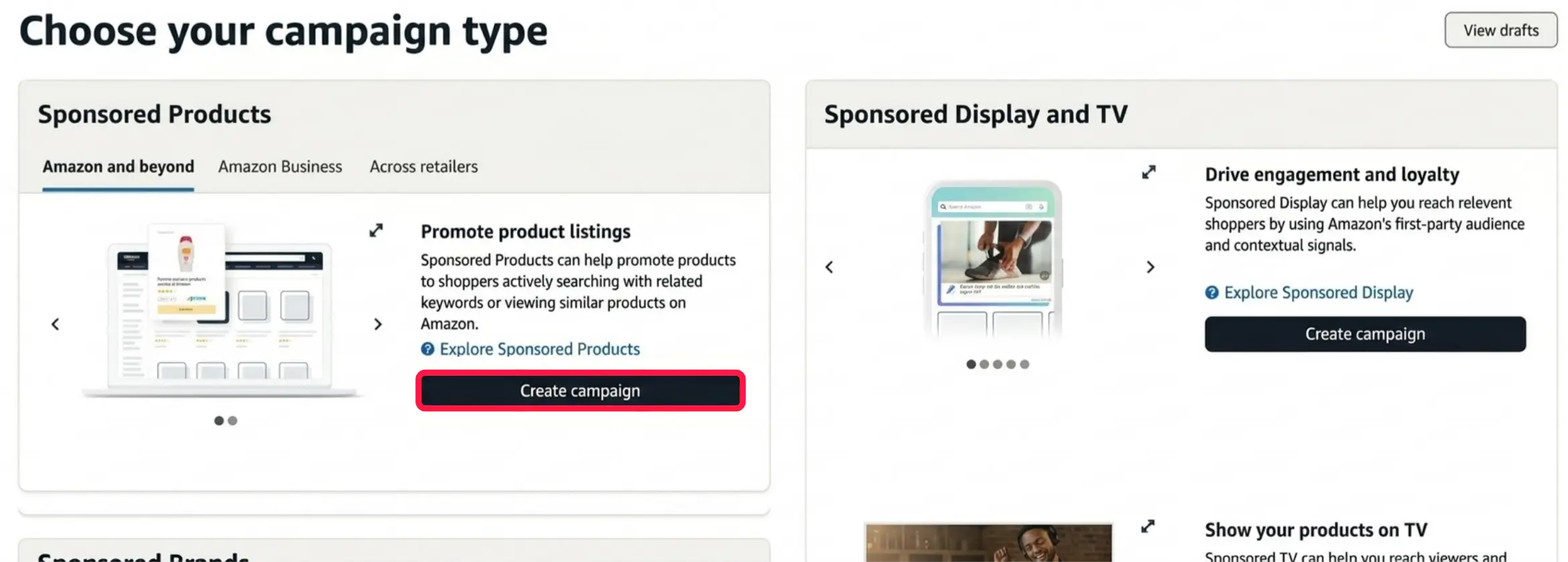 Amazon Seller Central campaign type page showing Sponsored Products selected before creating a new PPC campaign.