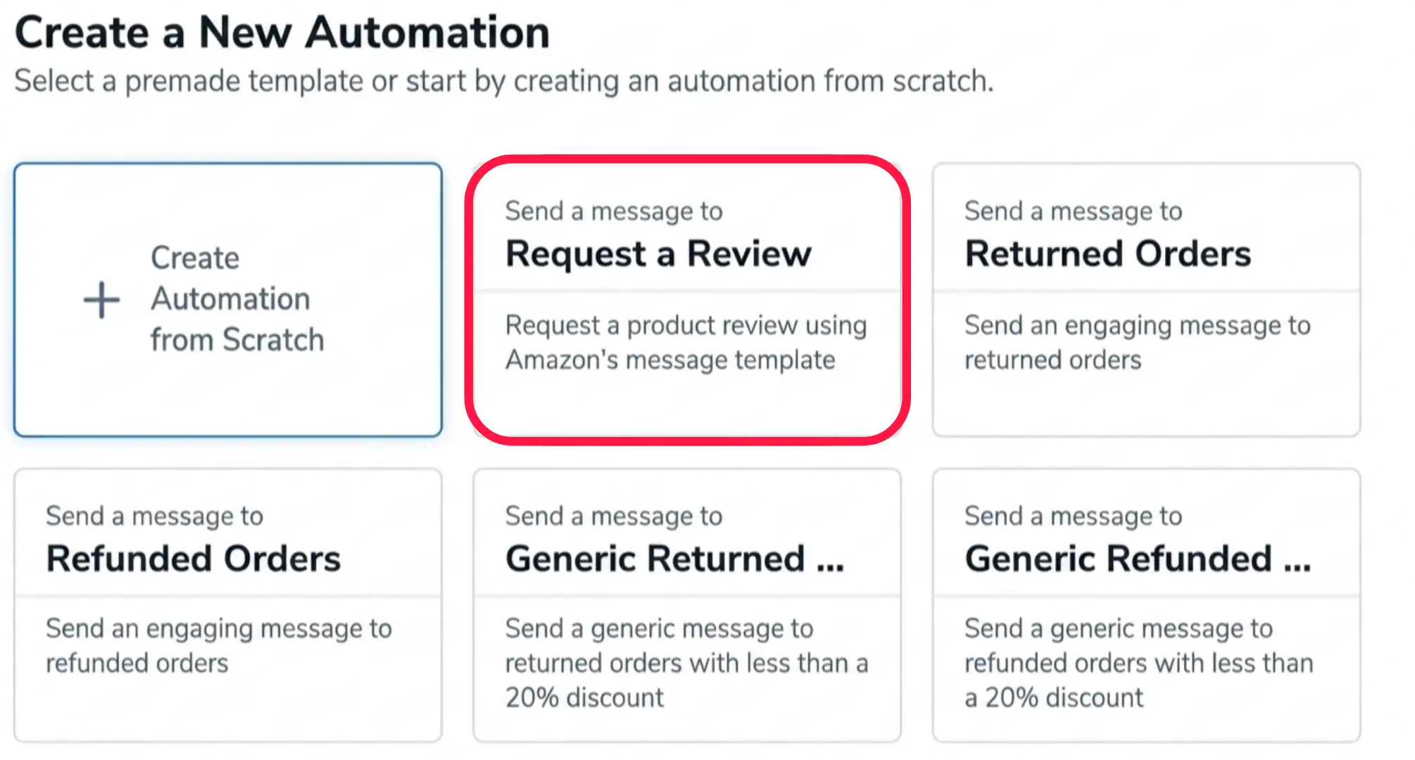 Helium 10 Create a New Automation screen showing the Request a Review template selected for automated review requests.