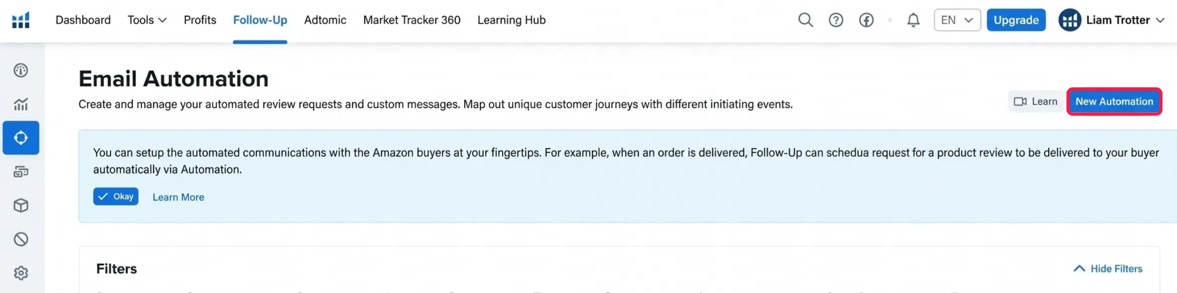 Helium 10 Follow-Up Email Automation page showing the New Automation button used to create a new review request workflow.