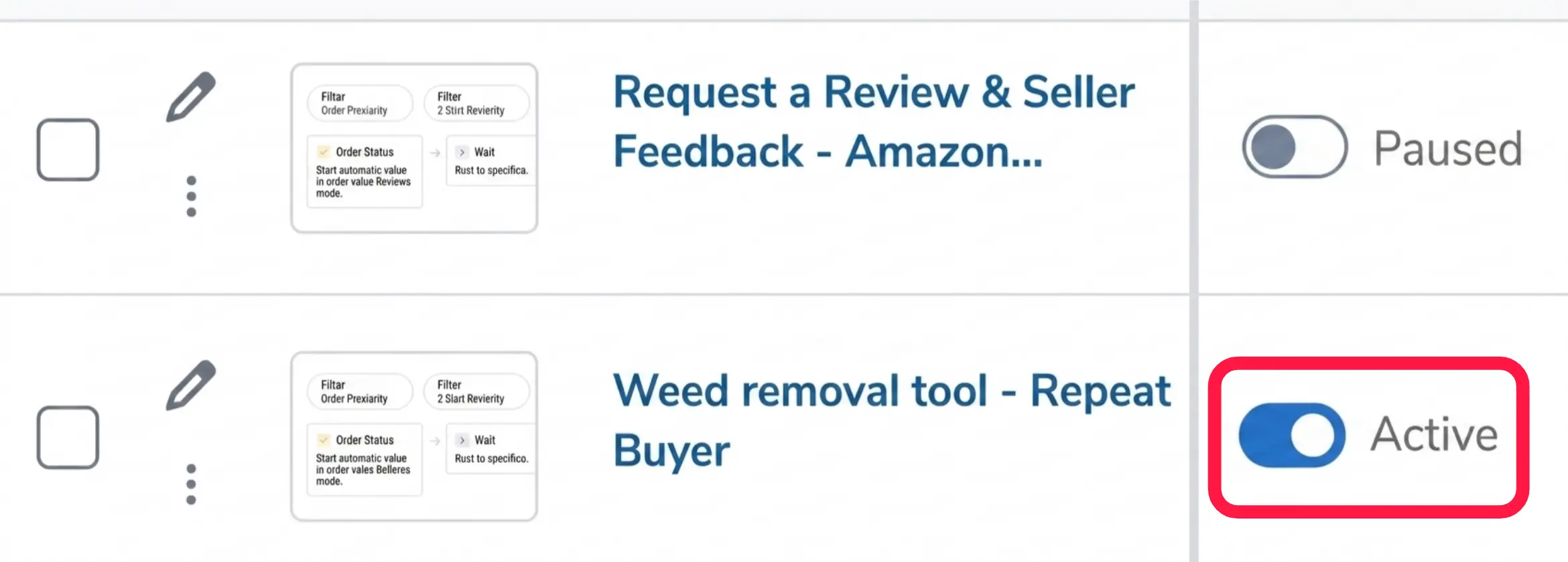 Helium 10 automation list showing the status toggle used to activate the review request workflow.