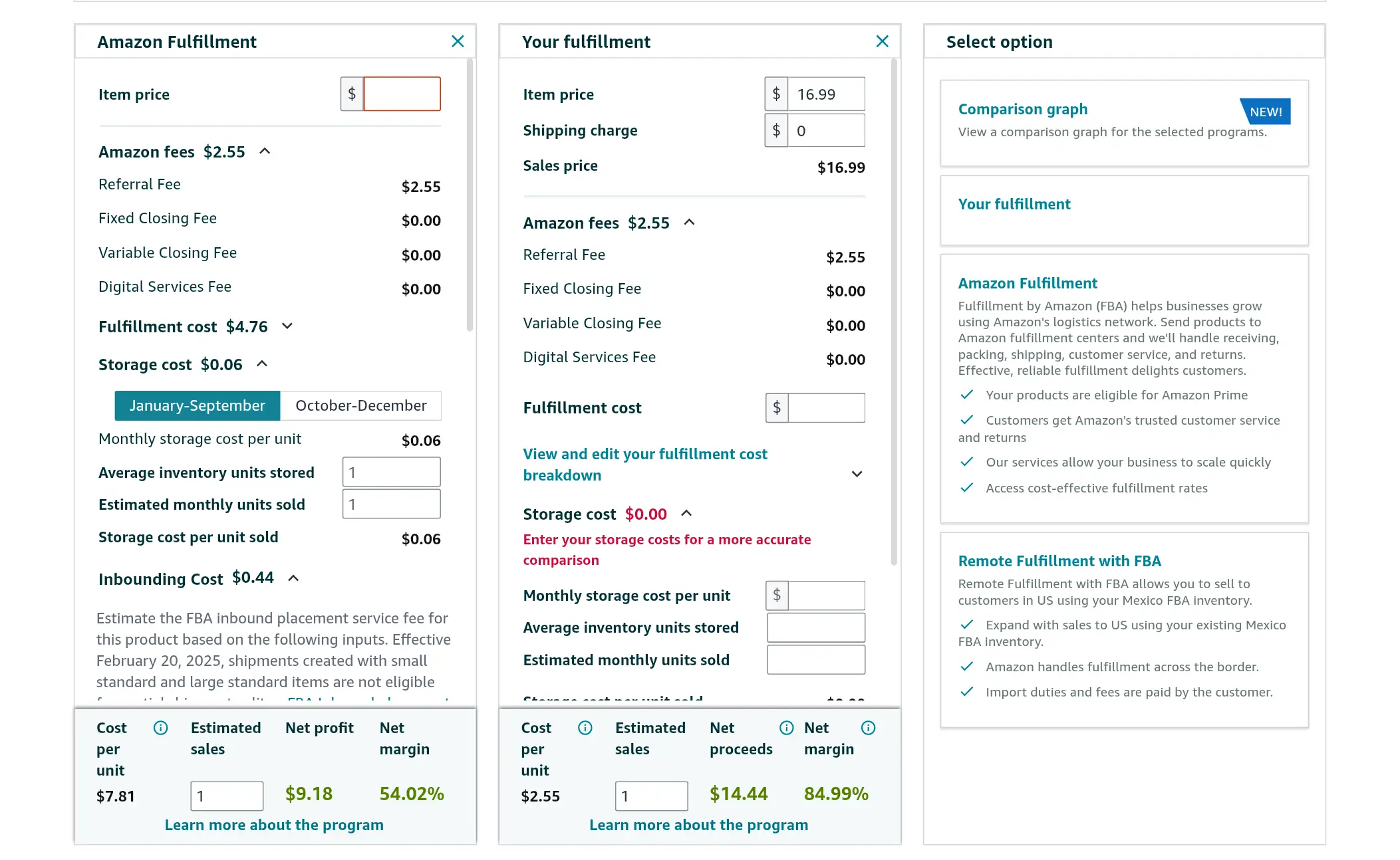 Amazon Revenue Calculator showing estimated FBA fees, fulfillment cost, storage cost, net profit, and margin