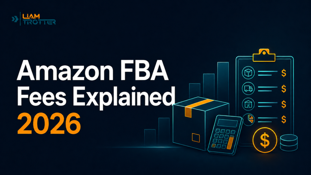 Amazon FBA fees explained in 2026 with shipping box, calculator, and fee checklist illustration