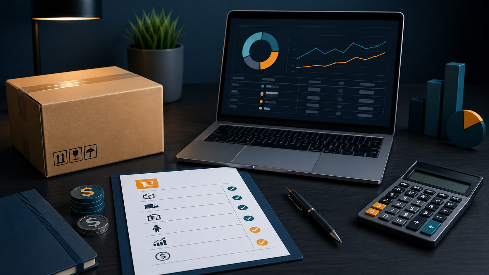 Ecommerce workspace with shipping box, calculator, and checklist for estimating Amazon FBA fees