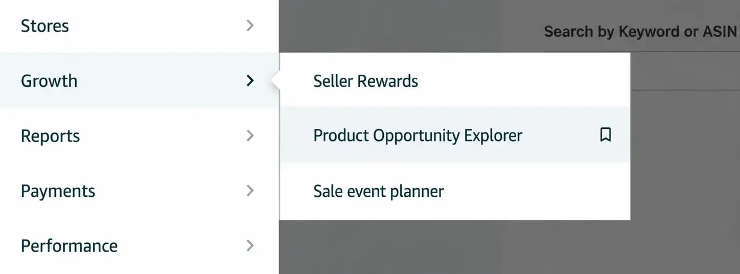 Amazon Seller Central Growth menu showing Product Opportunity Explorer