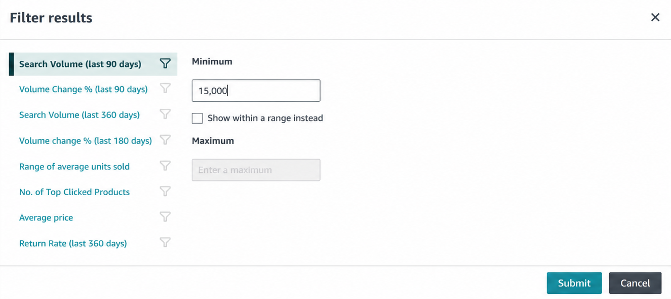 Amazon Product Opportunity Explorer filter results for product niche research