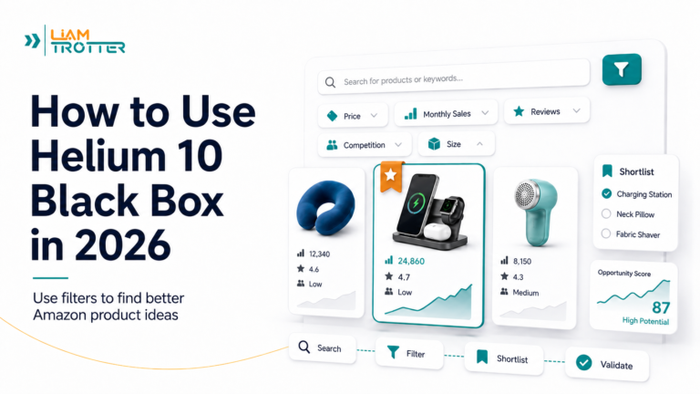 Featured image for a guide on using Helium 10 Black Box to find product ideas, apply filters, build a shortlist, and validate Amazon product opportunities.