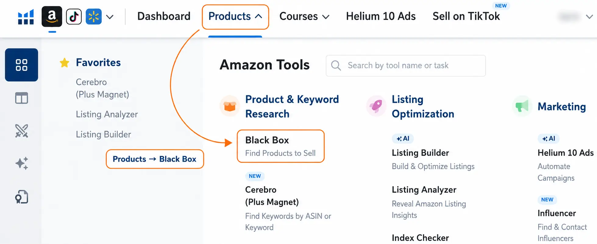 Helium 10 dashboard showing the Products menu and Black Box option under Product and Keyword Research.