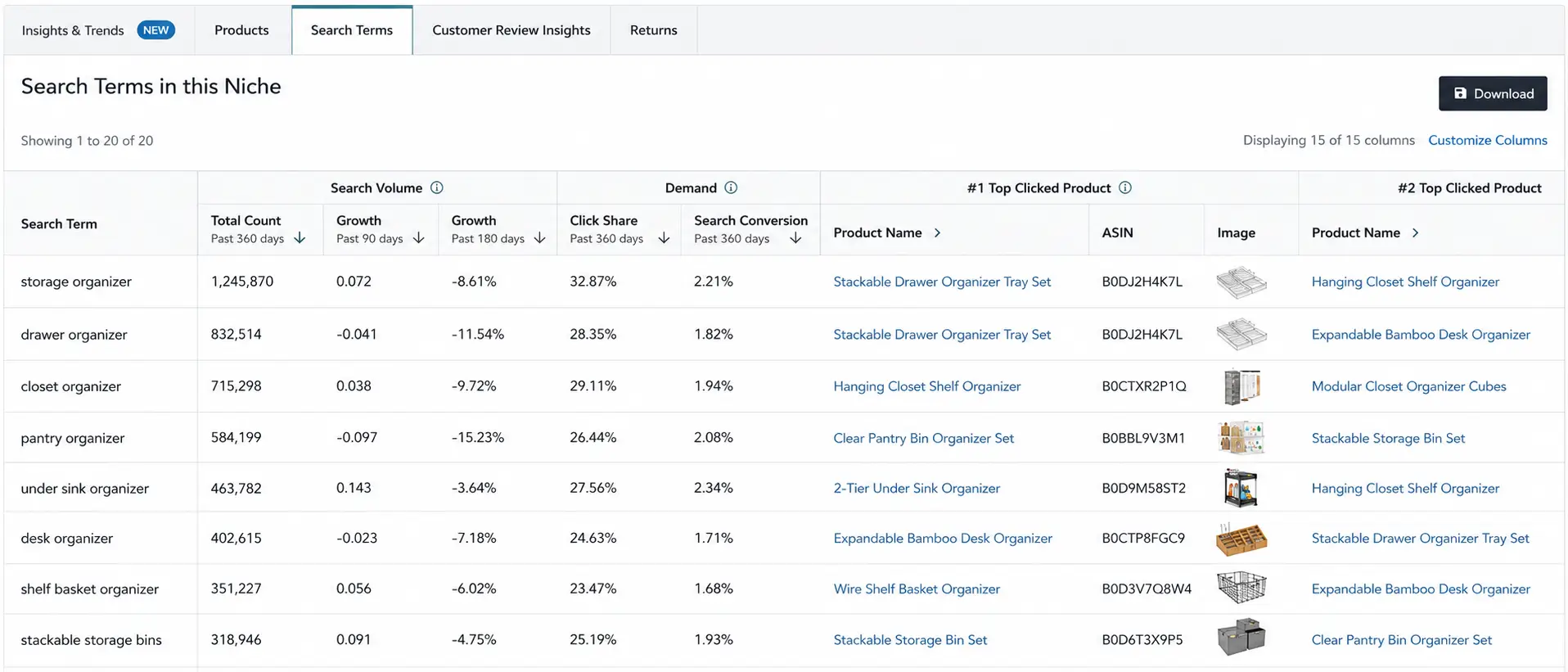 Amazon Product Opportunity Explorer search terms showing customer intent for storage organizer