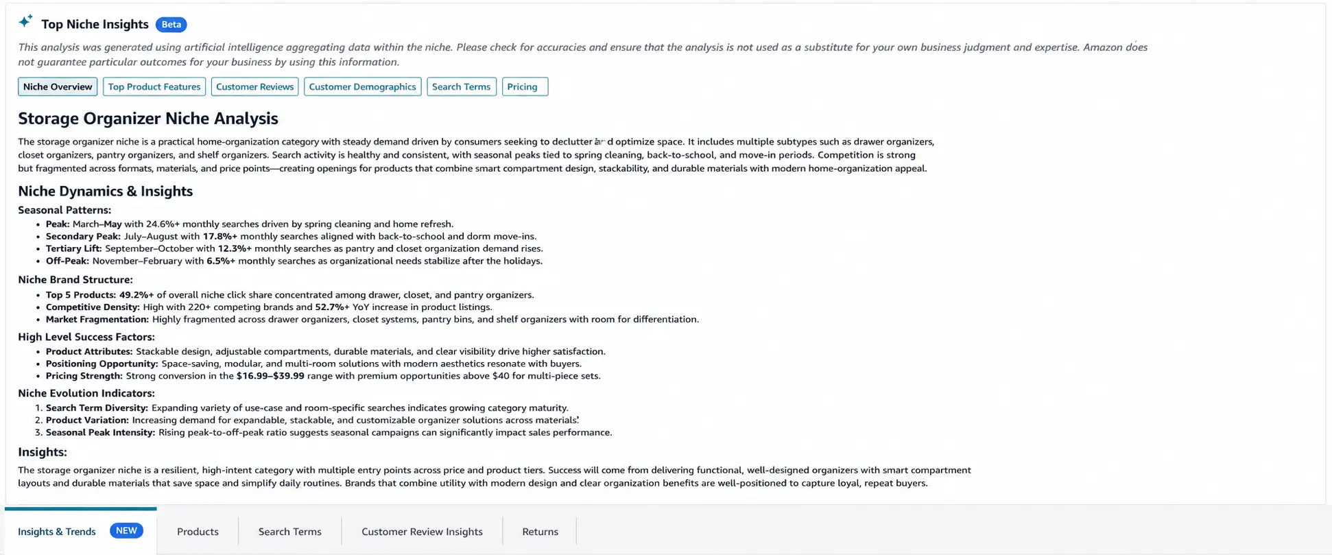 Amazon Product Opportunity Explorer Top Niche Insights for storage organizer niche analysis